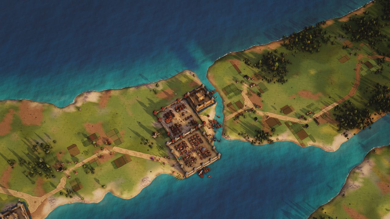 Boğaz kıyısında Konstantinopolis, Galata ve karşı yakadaki köyler; tarlalar ve yollar.
