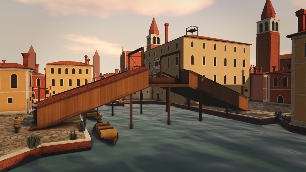 Ahşap Rialto köprüsü, kanal kıyısındaki saraylar ve yük teknesi.
